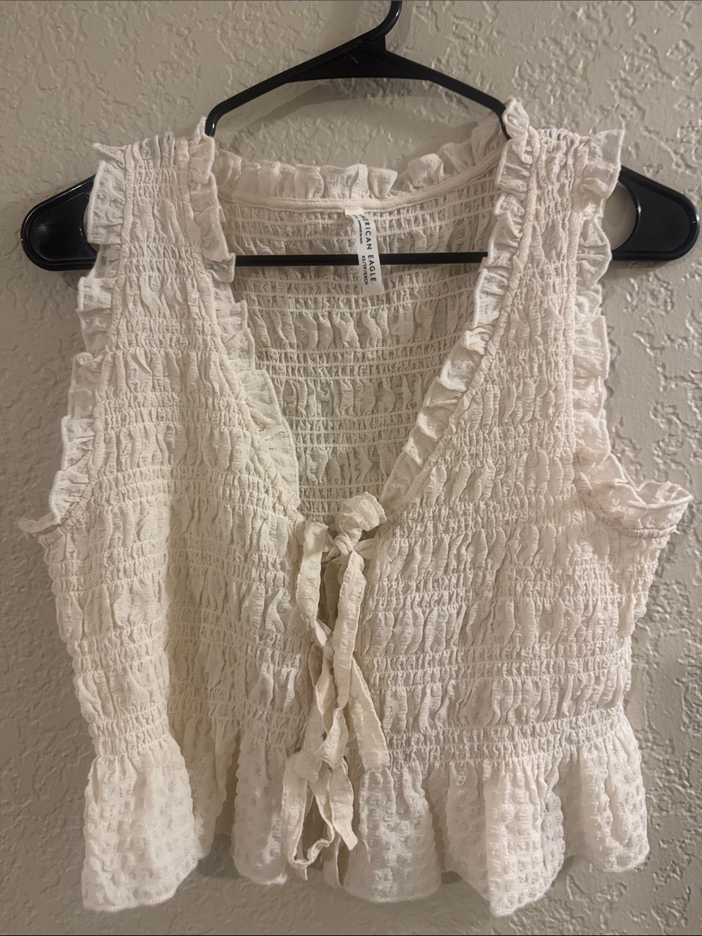 American Eagle Outfitters Cream Smocked Ruffle Tie-Front Camisole Top